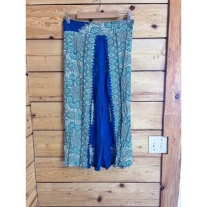 Thai Mandala Print Split Leg Wide Leg Capri Bohemian Pants Blue Teal Womens Medi